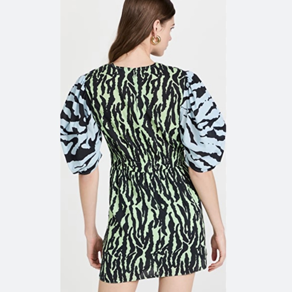Rhode Pia Tiger Print Color block Wrap Ruched Mini Puff Sleeve Dress - Picture 3 of 13